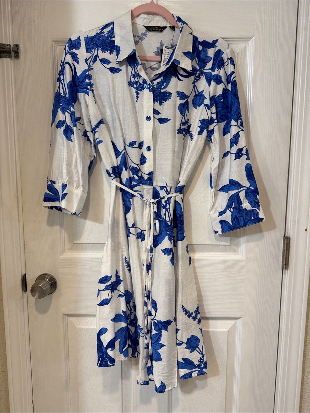 White & Blue Floral Shirt Dress with Tie Waist